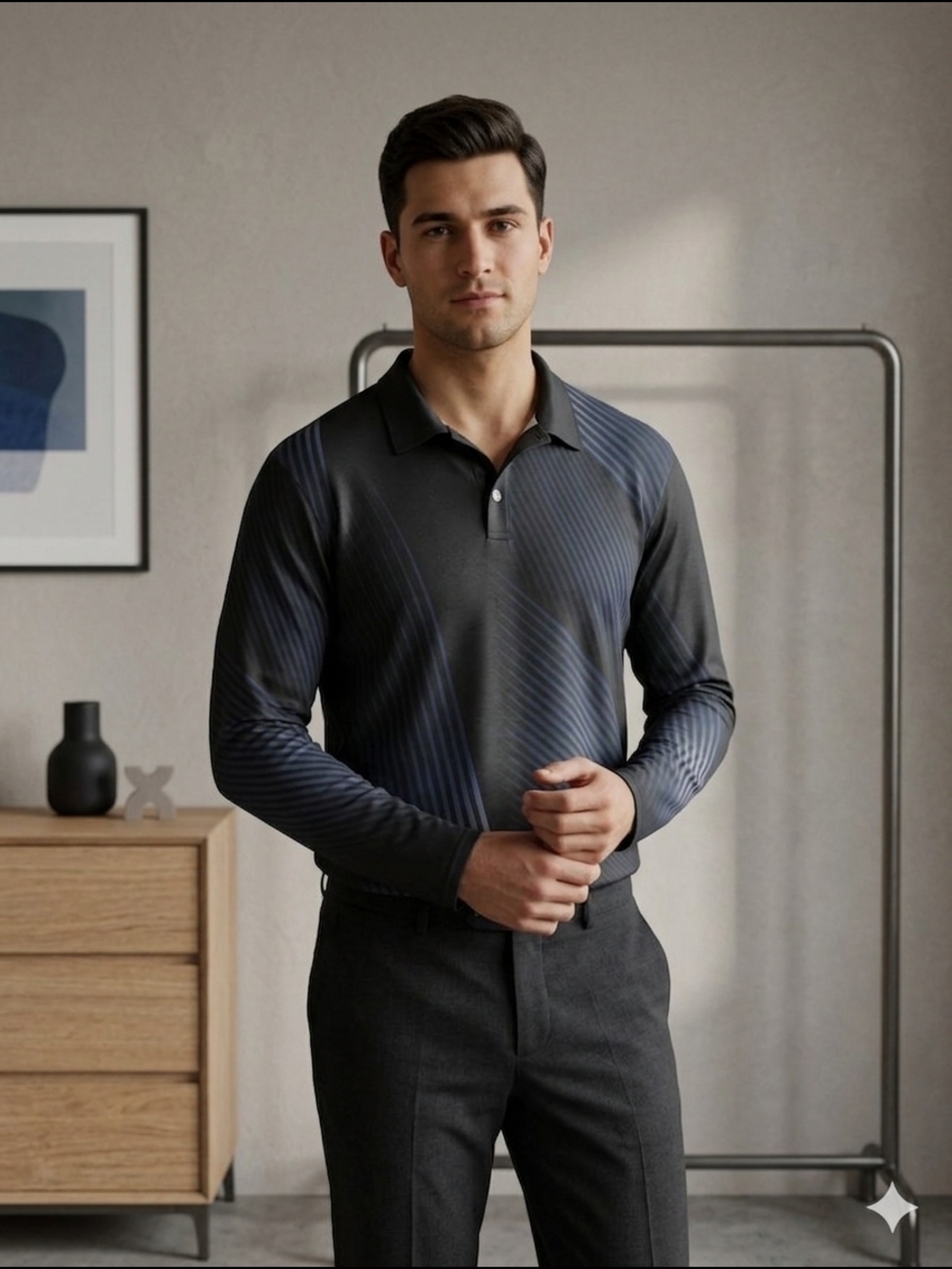 Boutique Long Men's Sleeve Polo Shirt - Black & Blue Abstract - XL (EUC)